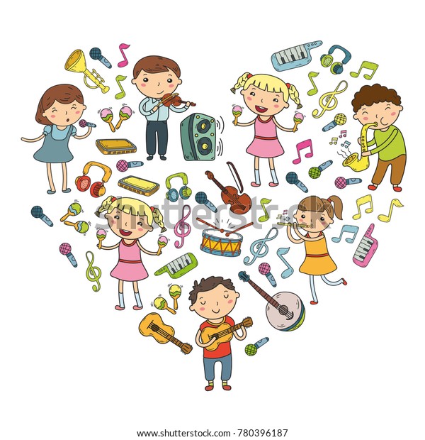 子ども向けの音楽学校ベクターイラスト子どもたち歌を歌う 楽器を演奏する 幼稚園の落書きアイコンコレクション子どもの音楽レッスン用のイラスト のベクター画像素材 ロイヤリティフリー