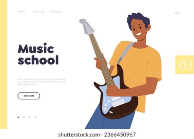 Music school landing page design template with happy teenager boy playing electronic bass guitar