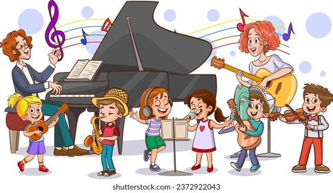 ilustración vectorial del hombre tocando piano y cantando niños