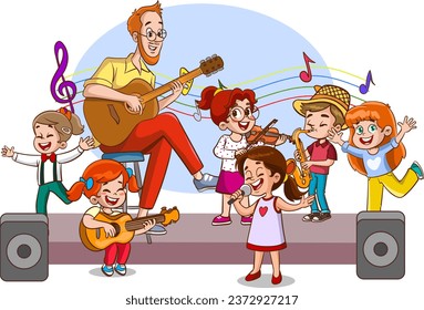 Music school lesson scene with teachers and little kids. Cartoon flat vector illustration isolated on white background.