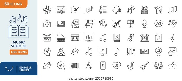 Music School line editable icon set. Music School icon set containing music, learning and more icons relevant to music schools