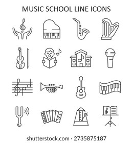 Conjunto de iconos de línea de escuela de música. Colección de instrumentos musicales que incluyen piano, saxofón, arpa, violín, trompeta, guitarra, acordeón.