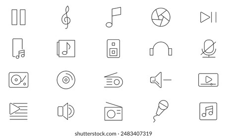 In: Music School Linear Icon Set. Schule, Instrumente, Schüler, Noten, Noten, Bildung Skizze Icon-Kollektion. UI Thin Outline Icons Pack.