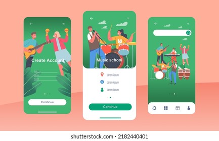 Music School Mobile App Page Onboard Screen Template. Children Play on Instruments Synthesizer, Acoustic Guitar, Maracas And Drums and Sing With Microphone Concept. Cartoon People Vector Illustration