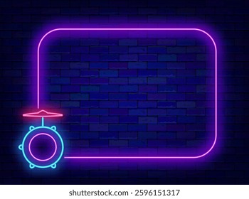 Music school neon advertising. Drum kit. Nightclub invitation. Empty purple frame. Vector stock illustration