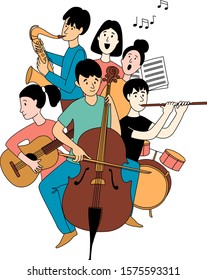 Music School Orchestra Concert With Students Different Musical Instruments Guitar, Flute, Cello, Saxophone In Line Art Poster Clipart. Vector Illustration Doodles In Linear Simple Style. Black White