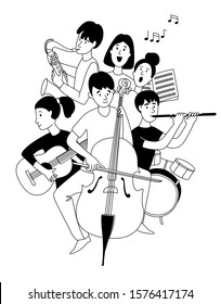 Music school orchestra concert with students different musical instruments guitar, flute, cello, saxophone in line art poster clipart. Vector illustration doodles in linear simple style. Black whitepe