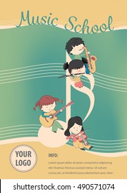 Music school poster vector - Flyer Design with children and many instrument. Vector template of invitation, flyer, poster.