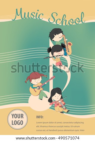 Music school poster vector - Flyer Design with children and many instrument. Vector template of invitation, flyer, poster.