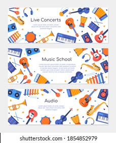 Music school - set of colorful flat design style banners with copy space for your text. Images of musical instruments, guitars, saxophone, drums, maracas, violin, darbuka, trumpet. Sound studio idea