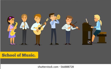 Music school. A set of figures of children with musical instruments. Vector illustration on the background of the allotted.