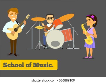 Music school. A set of figures of children with musical instruments. Vector illustration on the background of the allotted.