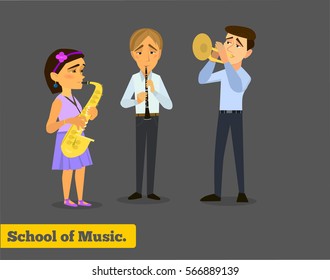 Music school. A set of figures of children with musical instruments. Vector illustration on the background of the allotted.