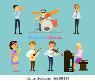 Music school. A set of figures of children with musical instruments. Vector illustration on the background of the allotted.
