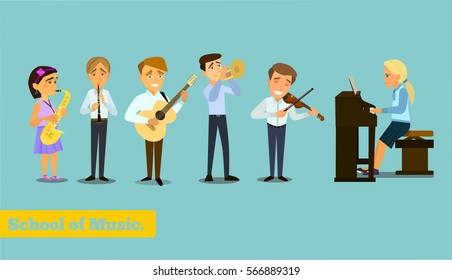 Music school. A set of figures of children with musical instruments. Vector illustration on the background of the allotted.