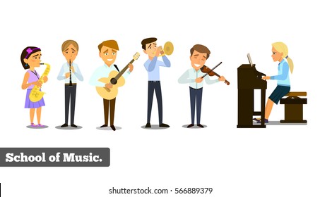 Music school. A set of figures of children with musical instruments. Vector illustration on the background of the allotted.