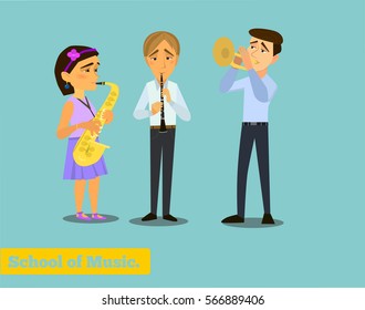 Music school. A set of figures of children with musical instruments. Vector illustration on the background of the allotted.