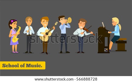 Music school. A set of figures of children with musical instruments. Vector illustration on the background of the allotted.