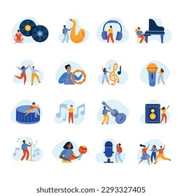 Music school set of flat isolated icons with people musical instruments notes and professional recording equipment vector illustration