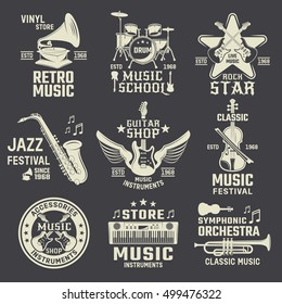 Music school and shops monochrome emblems with wind and string instruments on black background isolated vector illustration