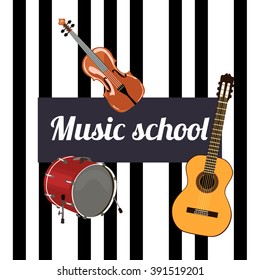 Music school Sign. Musical instruments and black keys on the background (Violin, guitar and drum).