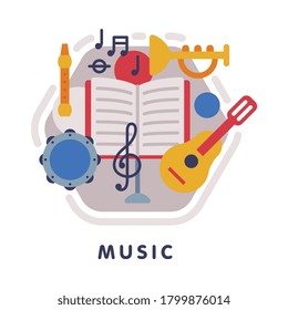 Music School Subject Icon, Education and Science Discipline with Related Elements Flat Style Vector Illustration