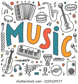 Music. School subjects. Hand drawn doodles and lettering on white background. Education vector illustration.