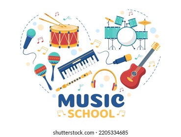 Music School Template In Hand Drawn Cartoon Flat Illustration Playing Various Musical Instruments, Learning Education Musicians and Singers