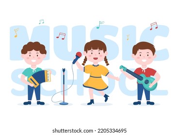 Music School Template In Hand Drawn Cartoon Flat Illustration Playing Various Musical Instruments, Learning Education Musicians and Singers