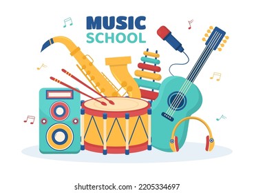 Music School Template In Hand Drawn Cartoon Flat Illustration Playing Various Musical Instruments, Learning Education Musicians and Singers