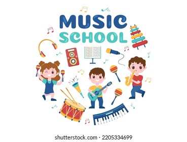 Plantilla de la Escuela de Música a mano Dibujo Ilustración Plana Jugando Diversos Instrumentos Musicales, Aprendiendo Músicos y Cantantes