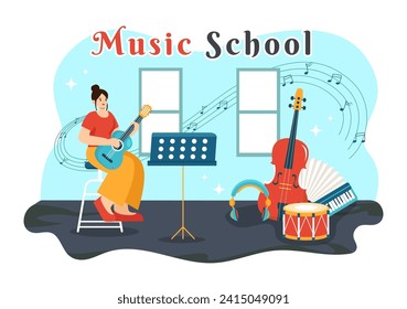 Music School Vector Illustration with Playing Various Musical Instruments, Learning Education Musicians and Singers in Flat Kids Cartoon Background
