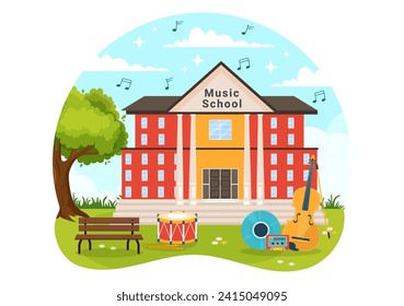 Music School Vector Illustration with Playing Various Musical Instruments, Learning Education Musicians and Singers in Flat Kids Cartoon Background