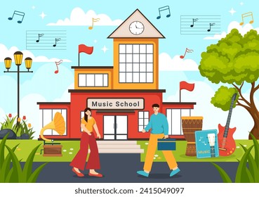 Ilustración de vectores de escuela de música con diversos instrumentos musicales, formación de músicos y cantantes en dibujos animados planos para niños