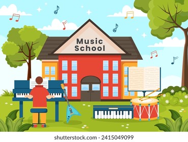 Music School Vector Illustration with Playing Various Musical Instruments, Learning Education Musicians and Singers in Flat Kids Cartoon Background