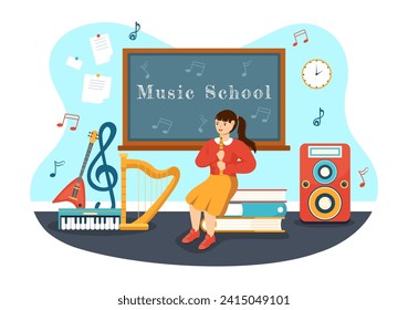 Music School Vector Illustration with Playing Various Musical Instruments, Learning Education Musicians and Singers in Flat Kids Cartoon Background