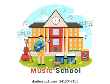 Ilustración de vectores de escuela de música con diversos instrumentos musicales, formación de músicos y cantantes en dibujos animados planos para niños