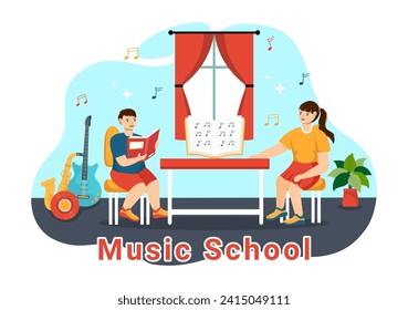 Music School Vector Illustration with Playing Various Musical Instruments, Learning Education Musicians and Singers in Flat Kids Cartoon Background