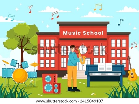 Music School Vector Illustration with Playing Various Musical Instruments, Learning Education Musicians and Singers in Flat Kids Cartoon Background