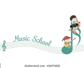 Webbanner-Vorlage für Musikschulen mit Kindern und vielen Instrumenten - einzeln auf weißem Hintergrund