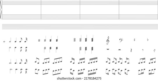 Music score and notes vector illustration set.