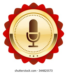 Music seal or icon with microphone symbol. Glossy golden seal or button.