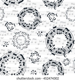 Music seamless pattern background. Black notes on white background. Vector musical symbols
