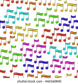Music seamless pattern background. Colorful notes on white background. Vector musical symbols