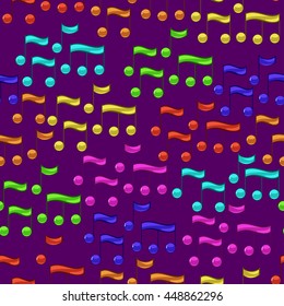 Music seamless pattern background. Colorful notes on dark background. Vector musical symbols