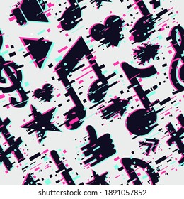 Music seamless pattern. Background with notes. Glitch style backdrop for music party. Musical texture.