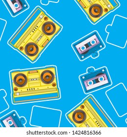 music seamless pattern blue, tape recorder to cassette. Retro. vector