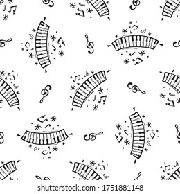 Music Seamless Pattern. Cartoon Hand Drawn Doodle Piano Keys,  Keyboard, Musical Key and Musical Notes Vector Black and White Background