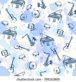 Music seamless pattern design. Music Instruments, Hand drawn illustration in doodle style. Drum, piaono, violin, guitar and saxophone on paint splashes.