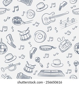 Music seamless pattern with different instruments and notes